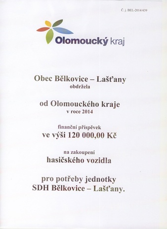 Olomoucký kraj přispěl 120 000 Kč na zakoupení hasičského vozidla pro potřeby SDH Bělkovice - Lašťany